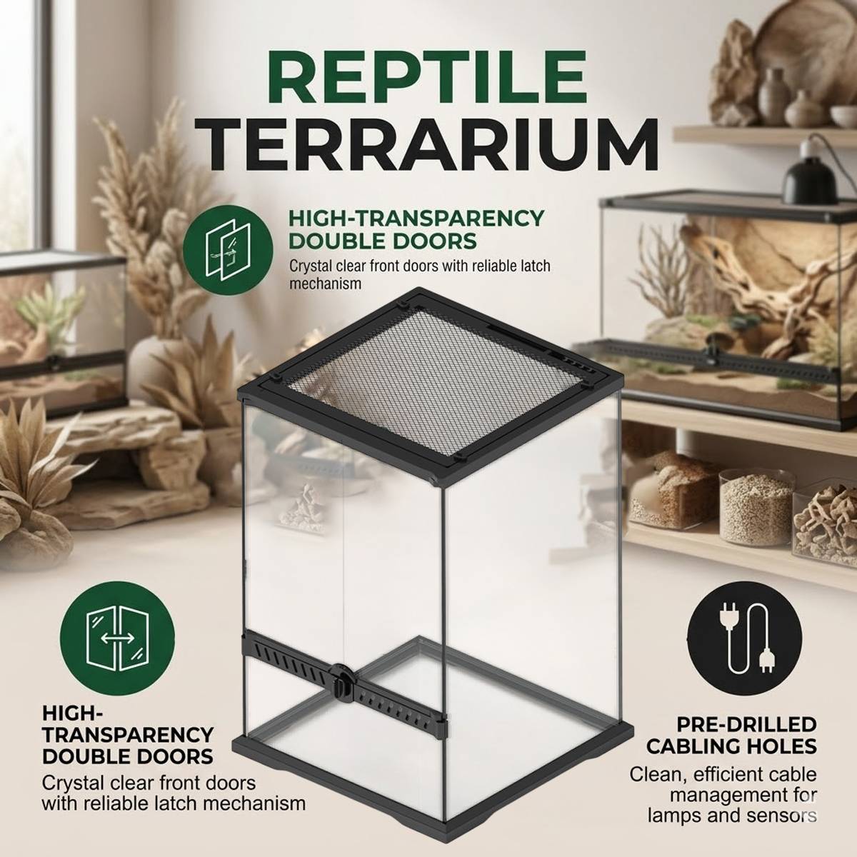 Reptile Terrarium Glass Tank 30x30x45cm