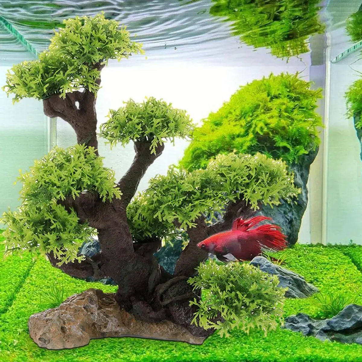 Resin Aquarium Rockery Decoration with Moss and Water Grass Tree