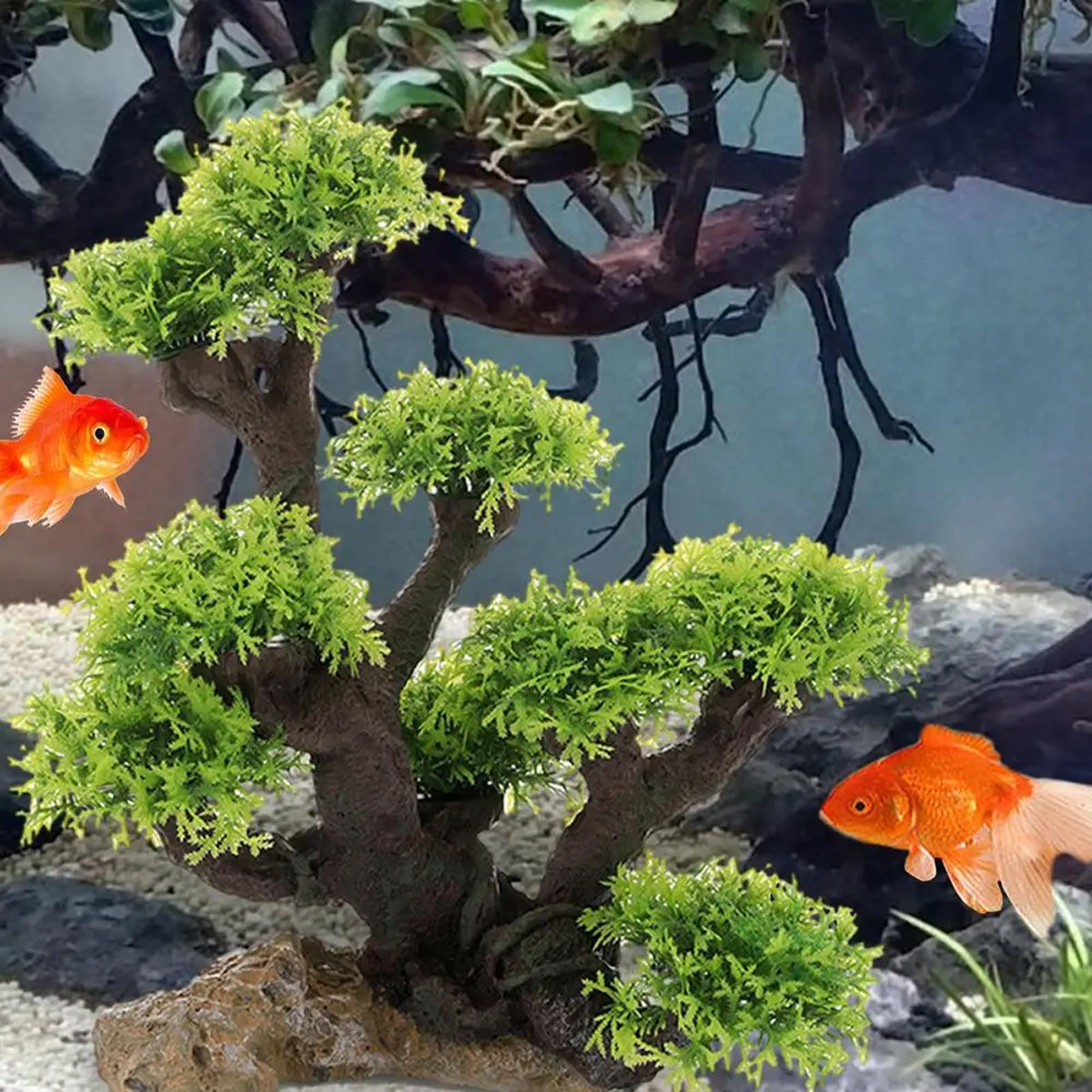Resin Aquarium Rockery Decoration with Moss and Water Grass Tree