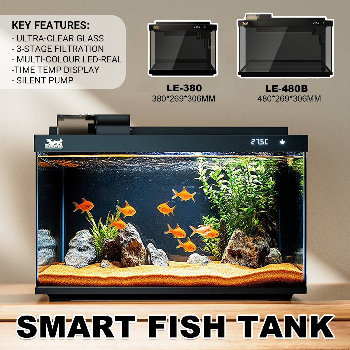 Smart Fish Tank With Filtration And LED Display
