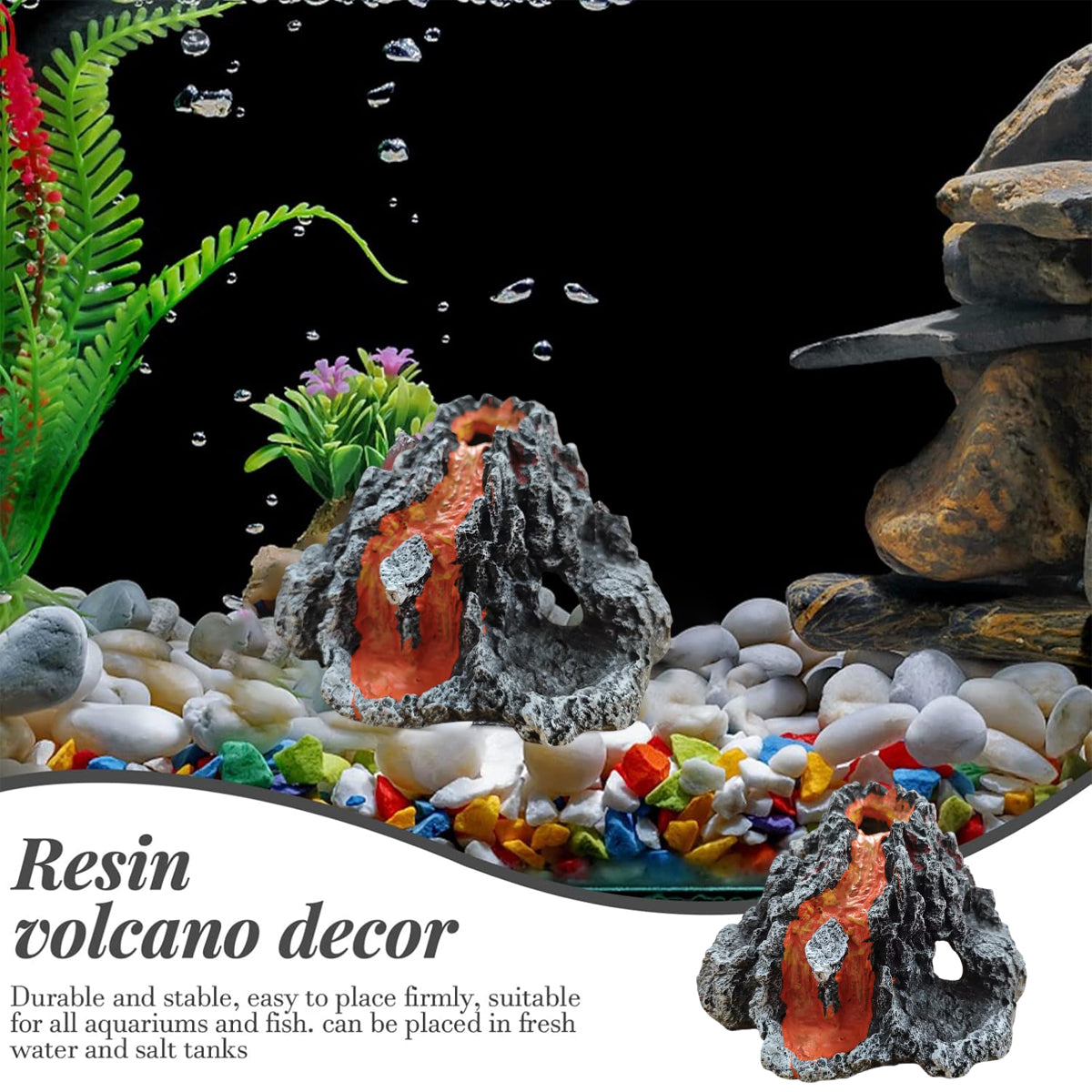 Resin Volcano Aquarium Ornament With Bubble Stone